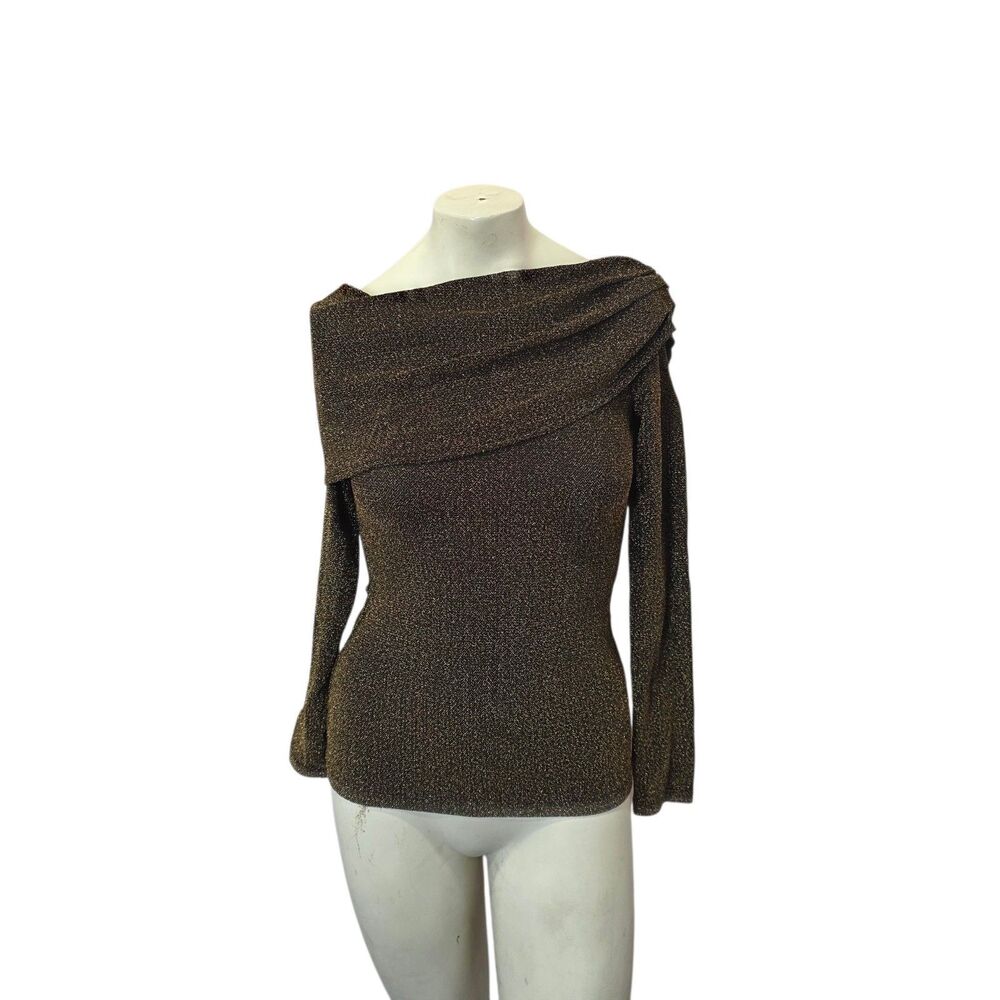 Karen Kane XS Metallic Gold Off Shoulder Draped Knit Top‎ Made USA Party Glam